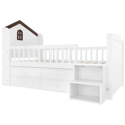 Okwish Lit enfant 90x200 cm - Lit simple Mi-Hauteur avec Cabane, Fenêtre, Tiroirs de Rangement et Éclairage LED - Bois MDF - Blanc*Enfant Lit Enfant