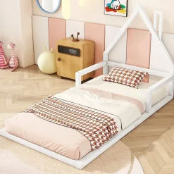 Okwish Lit enfant 90x200 cm - Lit Simple en Pin Massif et MDF, Structure Solide avec 7 Lattes, Sans Matelas, Blanche*Enfant Lit Enfant