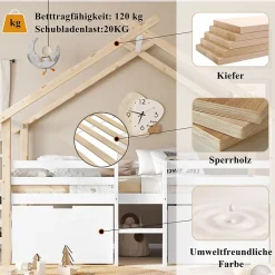 Okwish Lit enfant 90x200 cm - Lit Simple Cabane avec Escalier et 2 Rangements, Sans Matelas - Pin Blanc et Naturel*Enfant Lit Enfant