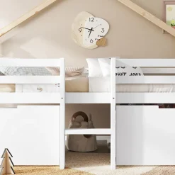 Okwish Lit enfant 90x200 cm - Lit Simple Cabane avec Escalier et 2 Rangements, Sans Matelas - Pin Blanc et Naturel*Enfant Lit Enfant