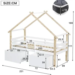 Okwish Lit enfant 90x200 cm - Lit Simple Cabane avec Escalier et 2 Rangements, Sans Matelas - Pin Blanc et Naturel*Enfant Lit Enfant
