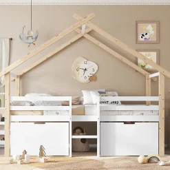 Okwish Lit enfant 90x200 cm - Lit Simple Cabane avec Escalier et 2 Rangements, Sans Matelas - Pin Blanc et Naturel*Enfant Lit Enfant