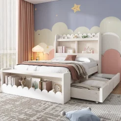 Lit enfant 90x190 cm - Lit Simple avec 2 Tiroirs, Étagère et Banc, Bois Massif et MDF, Sans Matelas - Blanc et Chêne Votan>Generique