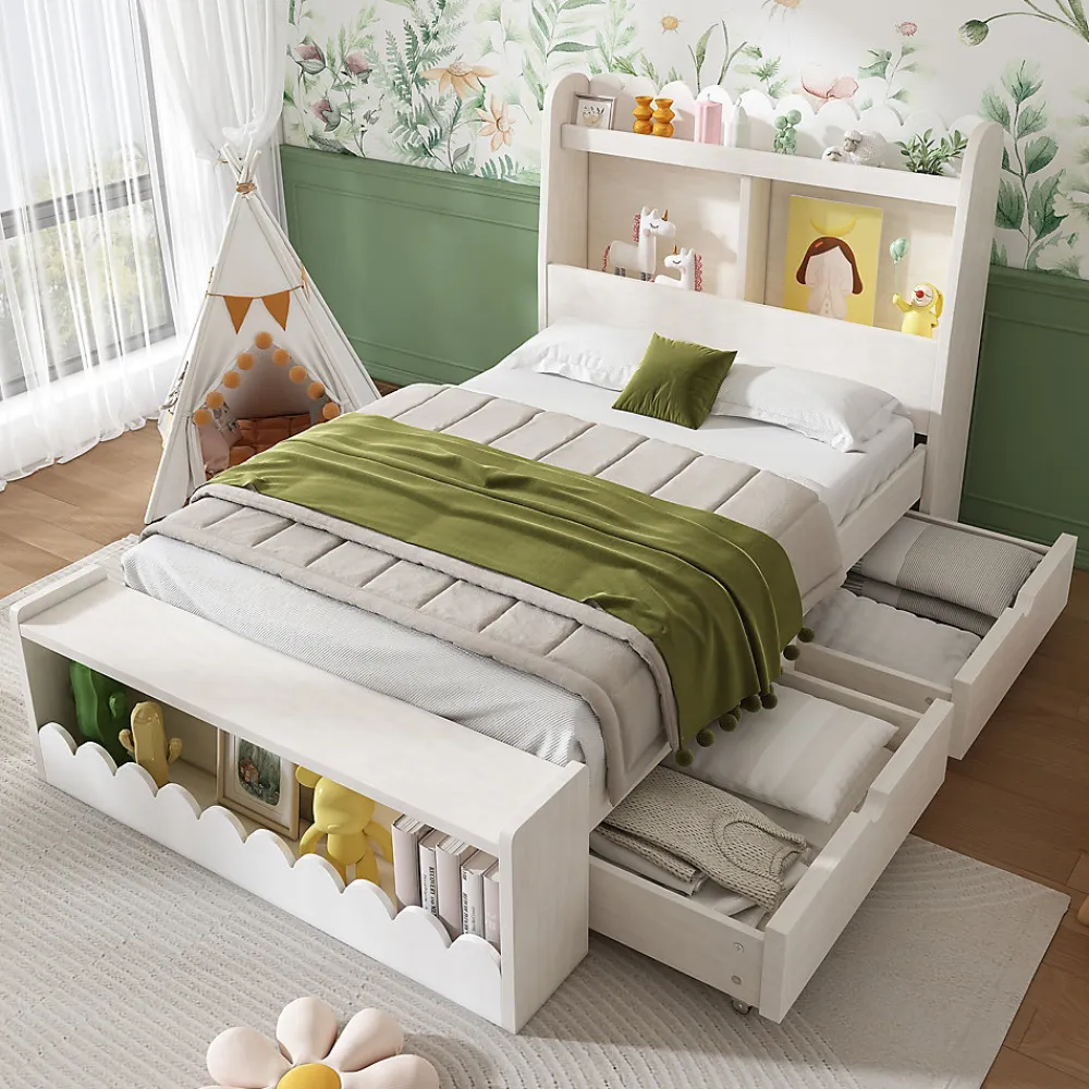 Lit enfant 90x190 cm - Lit Simple avec 2 Tiroirs, Étagère et Banc, Bois Massif et MDF, Sans Matelas - Blanc et Chêne Votan>Generique