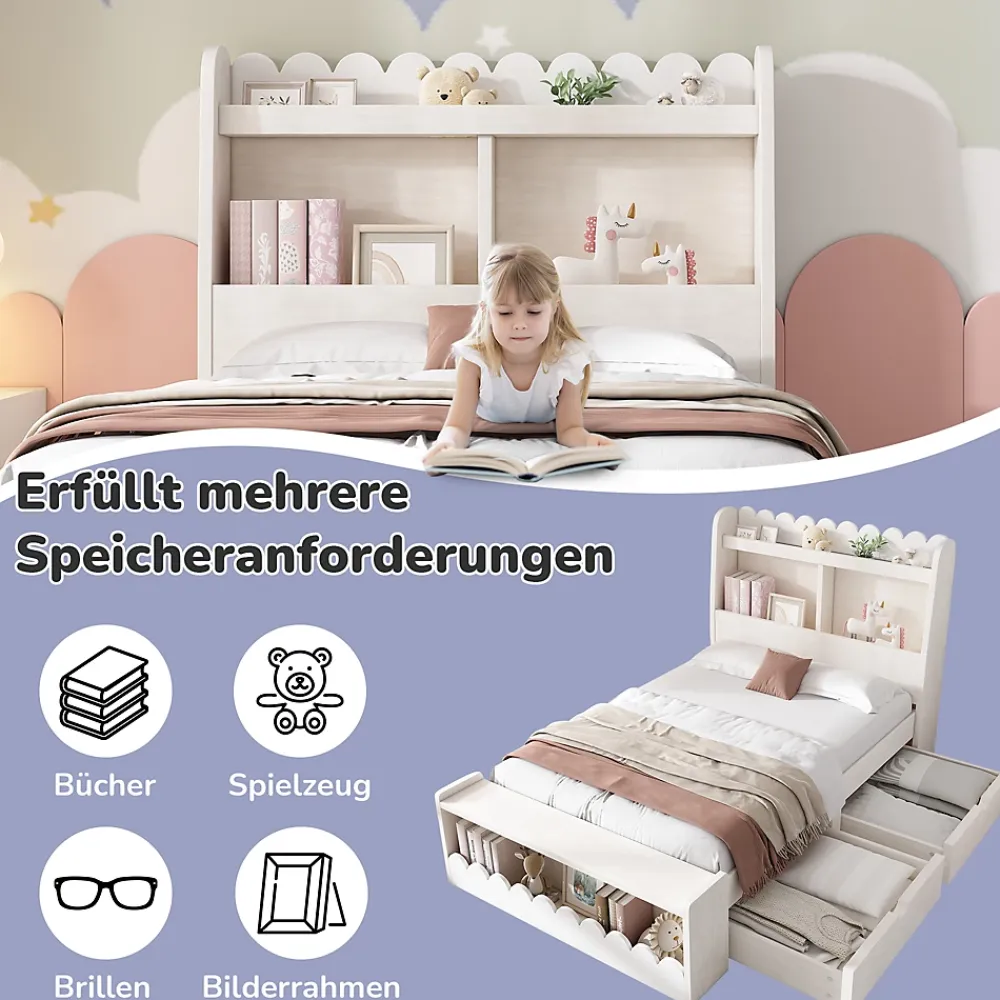 Generique Lit enfant 90x200 cm - Lit Simple avec Tiroirs et Étagère, Sans Matelas, Bois Massif et MDF, Blanc Chêne Votan*Enfant Lit Enfant