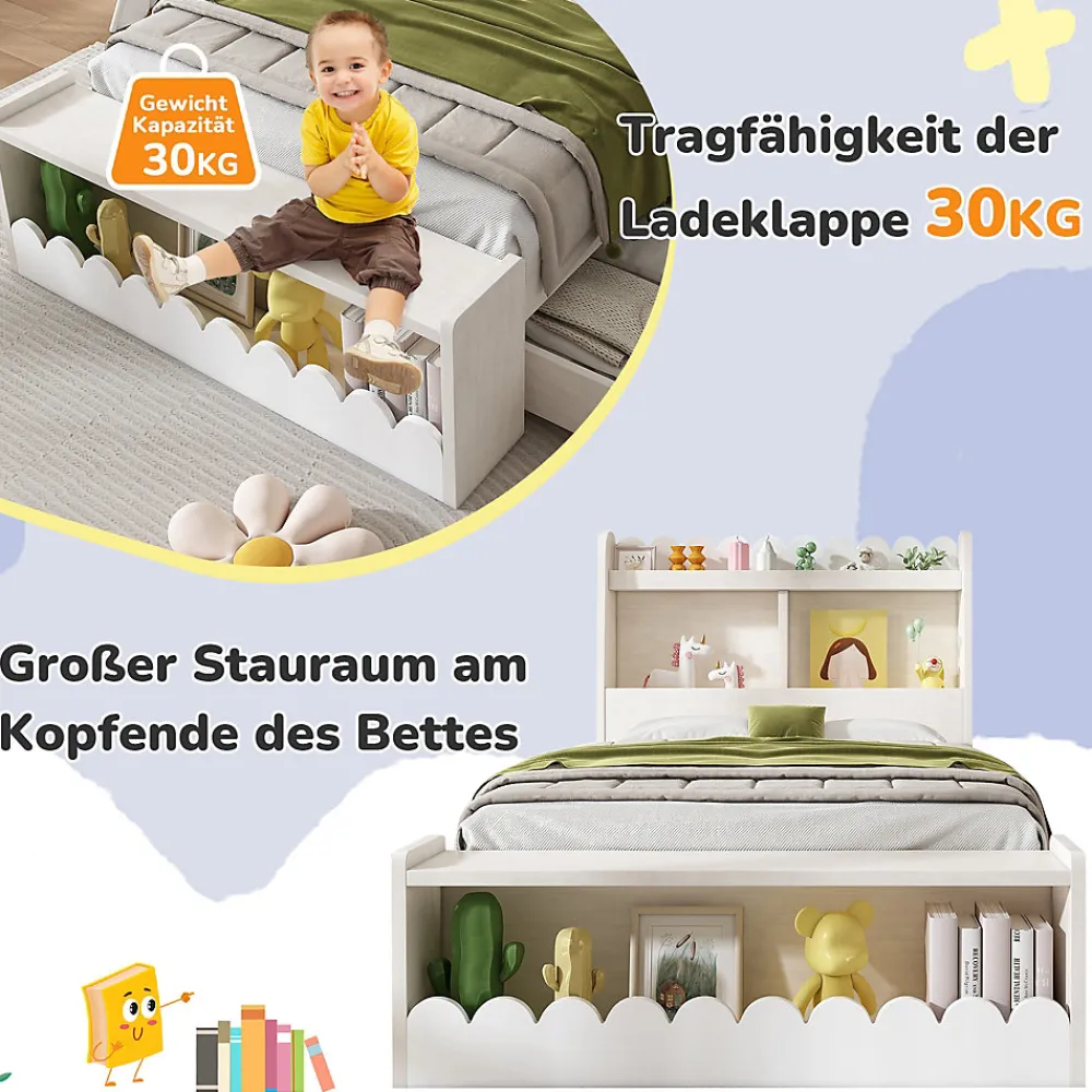 Generique Lit enfant 90x200 cm - Lit Simple avec Tiroirs et Étagère, Sans Matelas, Bois Massif et MDF, Blanc Chêne Votan*Enfant Lit Enfant