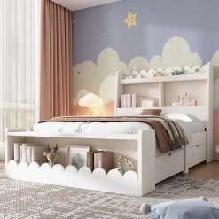 Generique Lit enfant 90x200 cm - Lit Simple avec Tiroirs et Étagère, Sans Matelas, Bois Massif et MDF, Blanc Chêne Votan*Enfant Lit Enfant