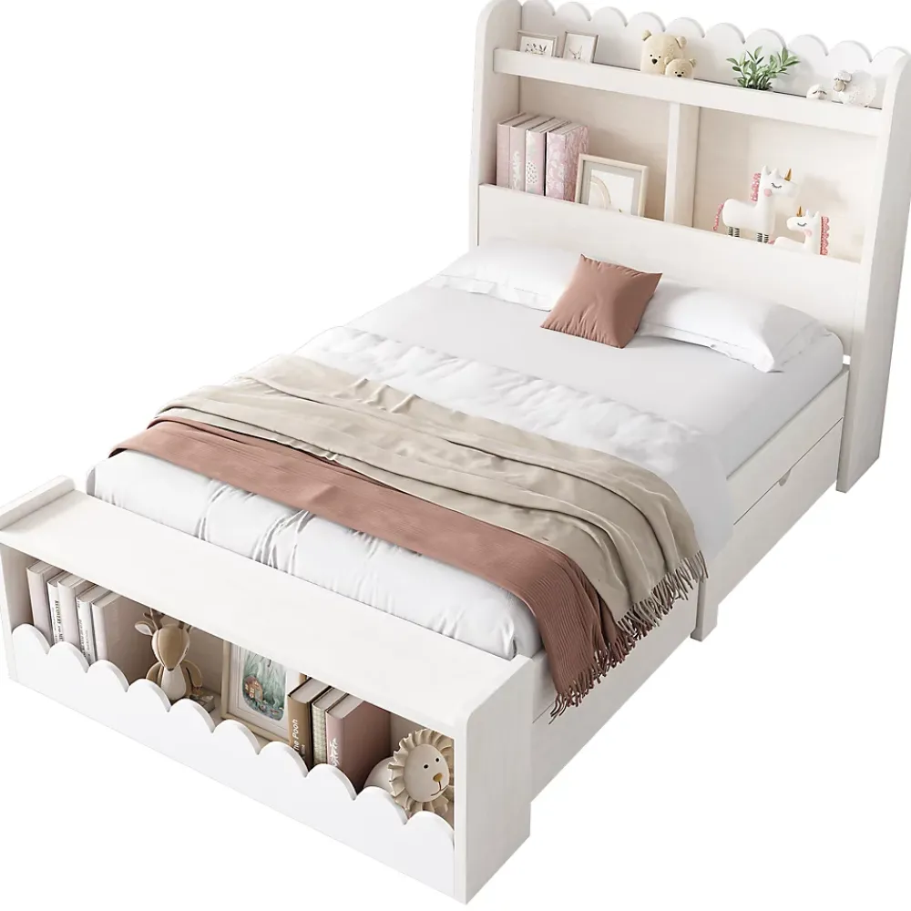 Generique Lit enfant 90x200 cm - Lit Simple avec Tiroirs et Étagère, Sans Matelas, Bois Massif et MDF, Blanc Chêne Votan*Enfant Lit Enfant