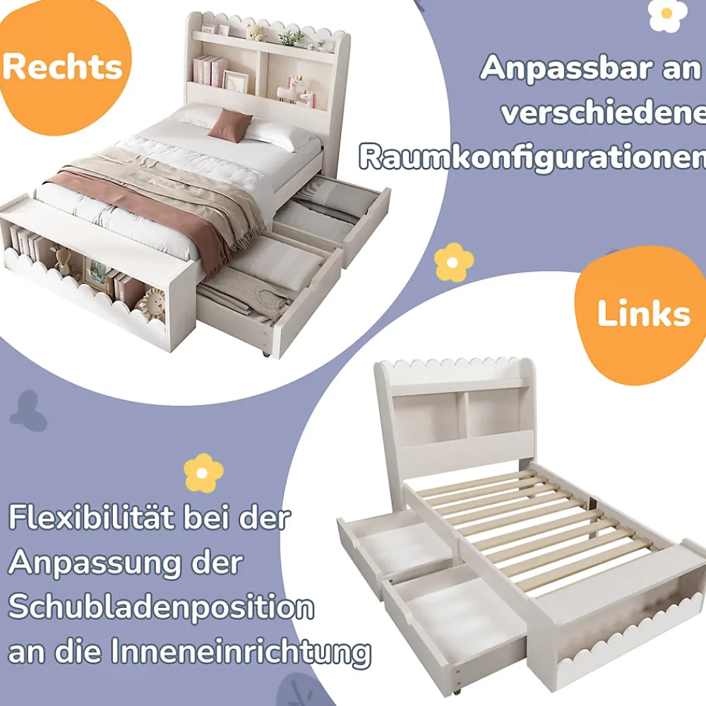 Generique Lit enfant 90x200 cm - Lit Simple avec Tiroirs et Étagère, Sans Matelas, Bois Massif et MDF, Blanc Chêne Votan*Enfant Lit Enfant