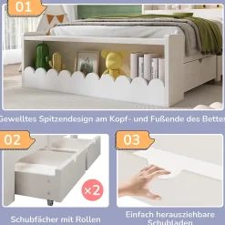 Generique Lit enfant 90x200 cm - Lit Simple avec Tiroirs et Étagère, Sans Matelas, Bois Massif et MDF, Blanc Chêne Votan*Enfant Lit Enfant