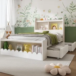 Generique Lit enfant 90x200 cm - Lit Simple avec Tiroirs et Étagère, Sans Matelas, Bois Massif et MDF, Blanc Chêne Votan*Enfant Lit Enfant