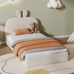 Okwish Lit enfant 90x200 cm - Lit Simple avec Tête Capitonnée, design Lapin, Sans Matelas - Velours Beige*Enfant Lit Enfant