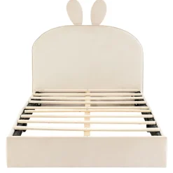 Okwish Lit enfant 90x200 cm - Lit Simple avec Tête Capitonnée, design Lapin, Sans Matelas - Velours Beige*Enfant Lit Enfant