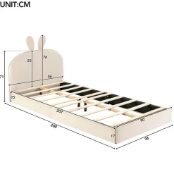 Okwish Lit enfant 90x200 cm - Lit Simple avec Tête Capitonnée, design Lapin, Sans Matelas - Velours Beige*Enfant Lit Enfant