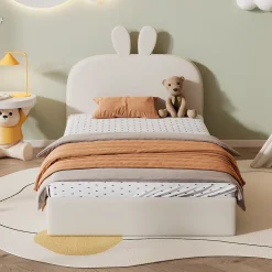 Okwish Lit enfant 90x200 cm - Lit Simple avec Tête Capitonnée, design Lapin, Sans Matelas - Velours Beige*Enfant Lit Enfant