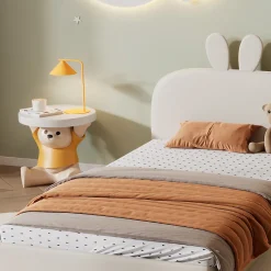 Okwish Lit enfant 90x200 cm - Lit Simple avec Tête Capitonnée, design Lapin, Sans Matelas - Velours Beige*Enfant Lit Enfant