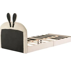 Okwish Lit enfant 90x200 cm - Lit Simple avec Tête Capitonnée, design Lapin, Sans Matelas - Velours Beige*Enfant Lit Enfant