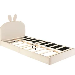 Okwish Lit enfant 90x200 cm - Lit Simple avec Tête Capitonnée, design Lapin, Sans Matelas - Velours Beige*Enfant Lit Enfant