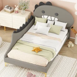 Lit enfant 90x200 cm - Lit Simple Dinosaure avec Tête de Lit Décorative - PU et MDF - Gris - Sans Matelas>Generique New