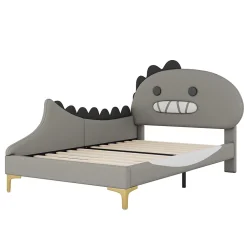 Lit enfant 90x200 cm - Lit Simple Dinosaure avec Tête de Lit Décorative - PU et MDF - Gris - Sans Matelas><noscript><img width=