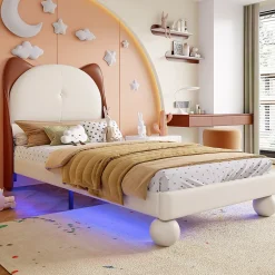 Lit enfant 90x200 cm - Lit Tête de Chat avec LED intégrée - PU - Sans matelas - Beige>Okwish Outlet