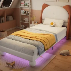 Lit enfant 90x200 cm - Lit Tête de Chat avec LED intégrée - PU - Sans matelas - Beige><noscript><img width=