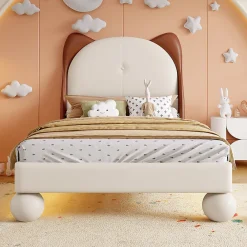 Lit enfant 90x200 cm - Lit Tête de Chat avec LED intégrée - PU - Sans matelas - Beige><noscript><img width=