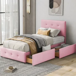 Okwish Lit enfant 90x200 cm - Sommier À Lattes et 2 Tiroirs, Lit Confortable avec Rangement Sous Le Lit, en Velours Rose, Sans Matelas*Enfant Lit Enfant