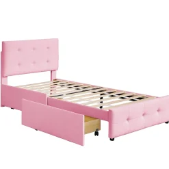 Okwish Lit enfant 90x200 cm - Sommier À Lattes et 2 Tiroirs, Lit Confortable avec Rangement Sous Le Lit, en Velours Rose, Sans Matelas*Enfant Lit Enfant