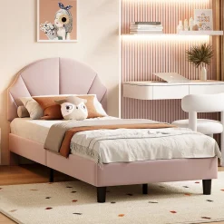 Lit Enfant 90x200 Cm Avec Tête De Lit Réglable Et Sommier à Lattes, Lit Simple Rembourré,rose><noscript><img width=