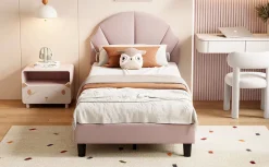 Lit Enfant 90x200 Cm Avec Tête De Lit Réglable Et Sommier à Lattes, Lit Simple Rembourré,rose><noscript><img width=
