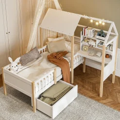 Lit enfant 90x200 cm, barrières, bureau L, tiroirs, bois massif - blanc>Blackcolors Online