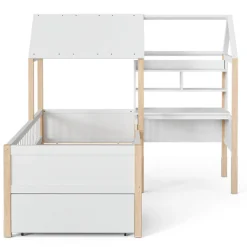 Lit enfant 90x200 cm, barrières, bureau L, tiroirs, bois massif - blanc><noscript><img width=