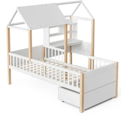 Lit enfant 90x200 cm, barrières, bureau L, tiroirs, bois massif - blanc><noscript><img width=