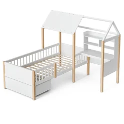 Lit enfant 90x200 cm, barrières, bureau L, tiroirs, bois massif - blanc><noscript><img width=