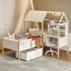 Lit enfant 90x200 cm, barrières, bureau L, tiroirs, bois massif - blanc><noscript><img width=