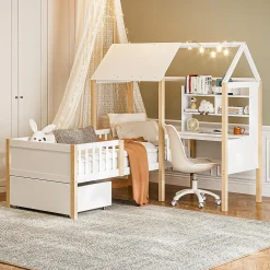 Lit enfant 90x200 cm, barrières, bureau L, tiroirs, bois massif - blanc><noscript><img width=