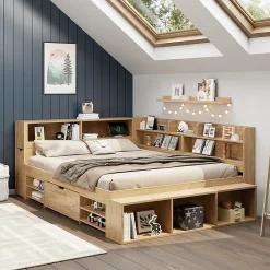 Lit enfant 140x200 cm, bois massif, tiroirs, armoire, recharge sans fil - naturel>Blackcolors Outlet