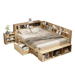 Lit enfant 140x200 cm, bois massif, tiroirs, armoire, recharge sans fil - naturel>Blackcolors Outlet