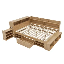 Lit enfant 140x200 cm, bois massif, tiroirs, armoire, recharge sans fil - naturel><noscript><img width=