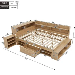 Lit enfant 140x200 cm, bois massif, tiroirs, armoire, recharge sans fil - naturel><noscript><img width=
