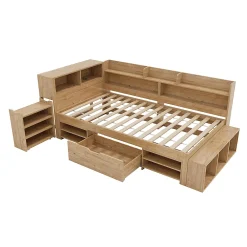 Blackcolors Lit enfant 90x200 cm, bois massif, tables de chevet, étagères, recharge sans fil - naturel*Enfant Lit Enfant