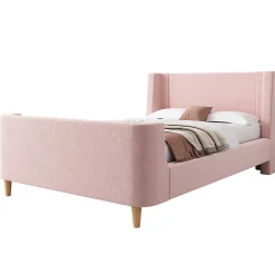 Lit enfant 90x200 cm capitonné en velours Rose (matelas non inclus)><noscript><img width=