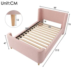 Lit enfant 90x200 cm capitonné en velours Rose (matelas non inclus)><noscript><img width=