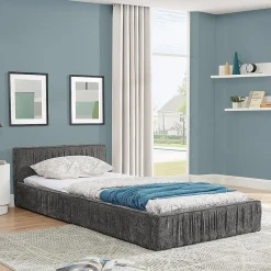 Lit enfant 90x200 cm, chenille veloutée, bois eucalyptus - gris foncé>Blackcolors Outlet