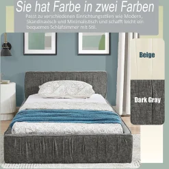 Lit enfant 90x200 cm, chenille veloutée, bois eucalyptus - gris foncé><noscript><img width=