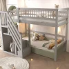 Lit enfant 90x200 cm en bois massif gris avec escalier et rangement intégré, lit pratique et solide pour enfants et adolescents>ProximaX Online