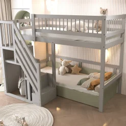 Lit enfant 90x200 cm en bois massif gris avec escalier et rangement intégré, lit pratique et solide pour enfants et adolescents>ProximaX Online