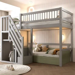 Lit enfant 90x200 cm en bois massif gris avec escalier et rangement intégré, lit pratique et solide pour enfants et adolescents><noscript><img width=