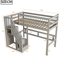 Lit enfant 90x200 cm en bois massif gris avec escalier et rangement intégré, lit pratique et solide pour enfants et adolescents><noscript><img width=